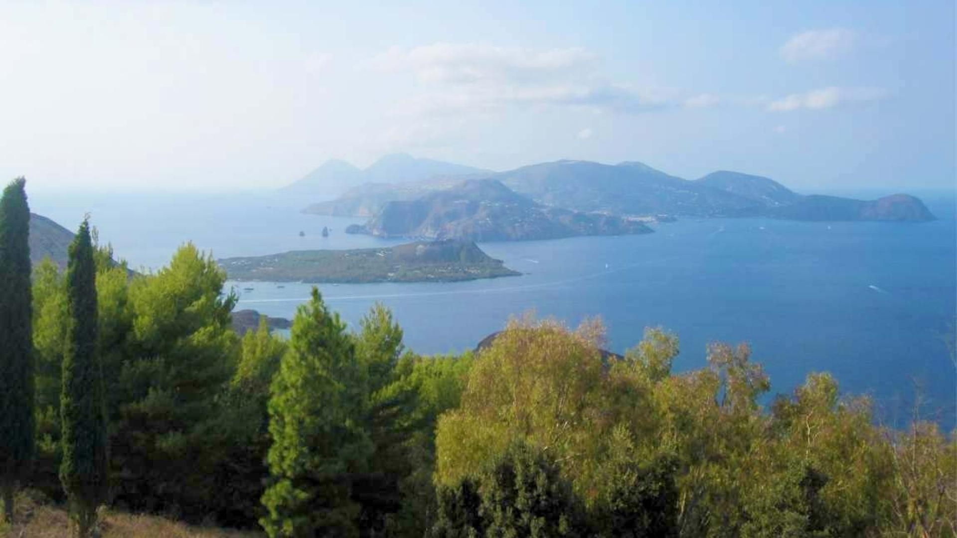 Vista panoramica di isole e mare blu, con alberi verdi in primo piano.