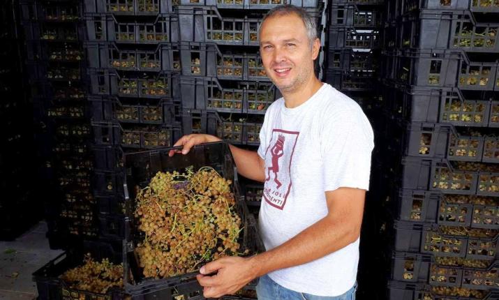 Uomo sorridente con cassetta d'uva, circondato da casse, trasmette passione e dedizione.