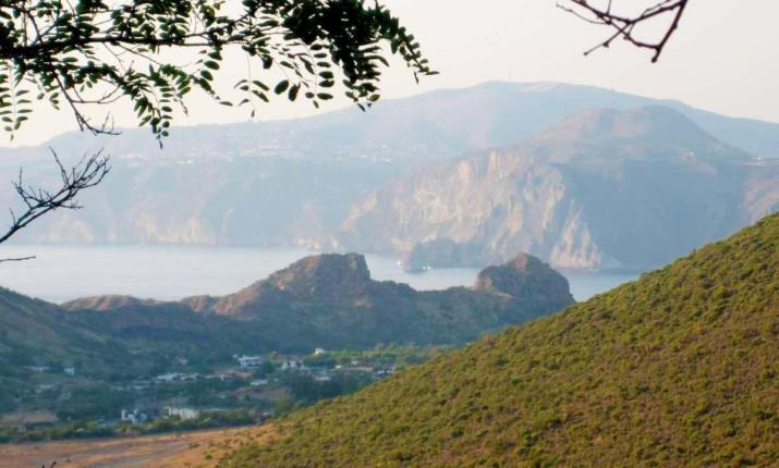 Vista panoramica su colline verdi e mare, incorniciata da rami e foglie.