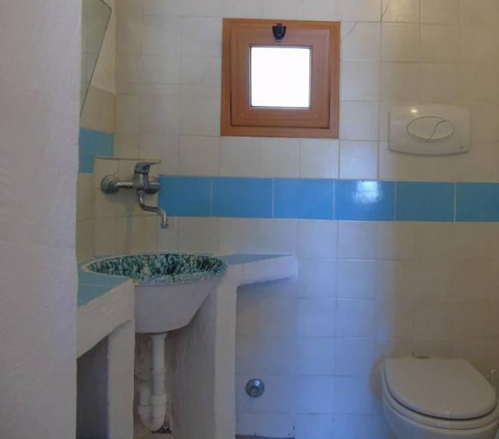 Un piccolo bagno luminoso con piastrelle bianche e blu e un lavandino artistico.