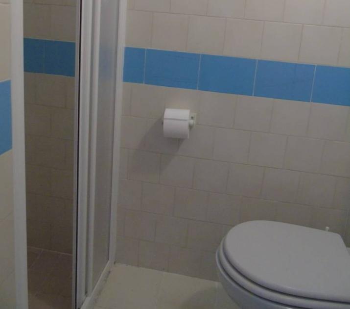 Bagno semplice con piastrelle beige e blu, finestra luminosa, doccia e WC.