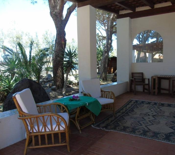Veranda accogliente con sedie in vimini, tappeto colorato, immersa nel verde rigoglioso.