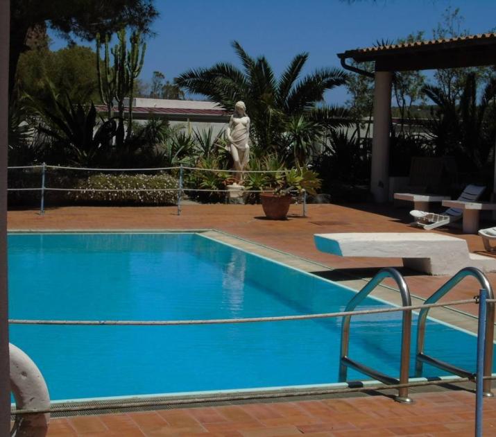 Piscina luminosa, statue eleganti e piante esotiche, atmosfera rilassante e mediterranea.