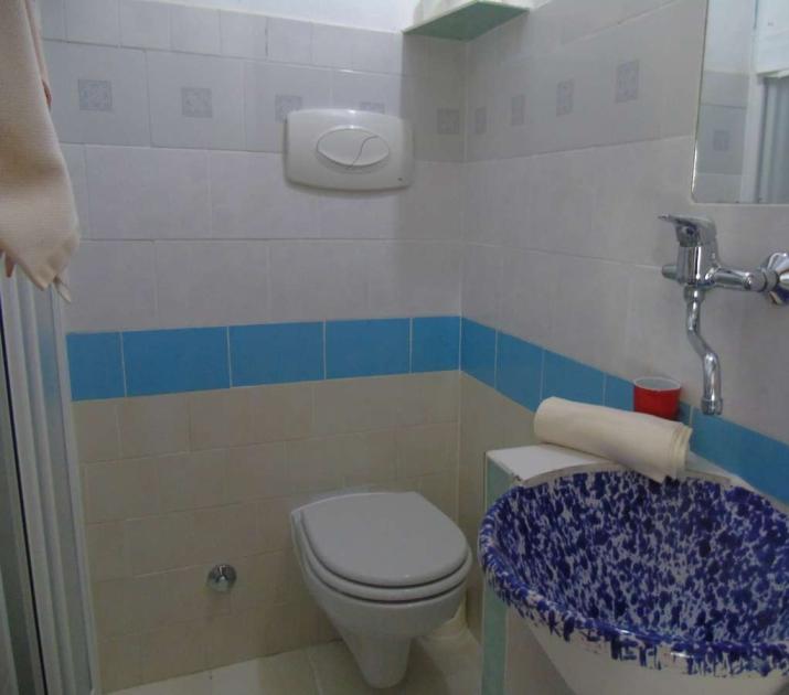 Bagno compatto, lavabo decorato blu, atmosfera semplice e pulita, accenti di piastrelle azzurre.