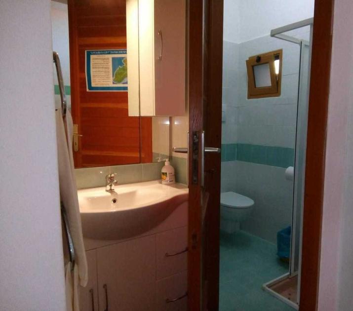 Bagno accogliente con lavabo, doccia e finestra, atmosfera intima e ordinata.